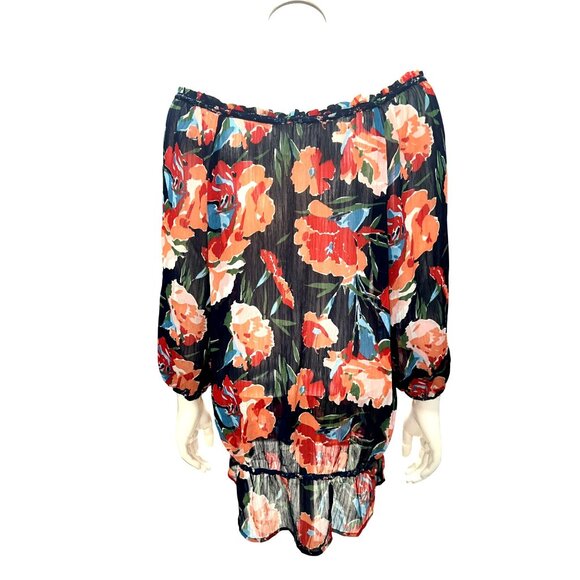 Abercrombie Fitch Large Floral Peasant Sheer Boho Blouse Ruffle Hem Tie Neck - Picture 5 of 11